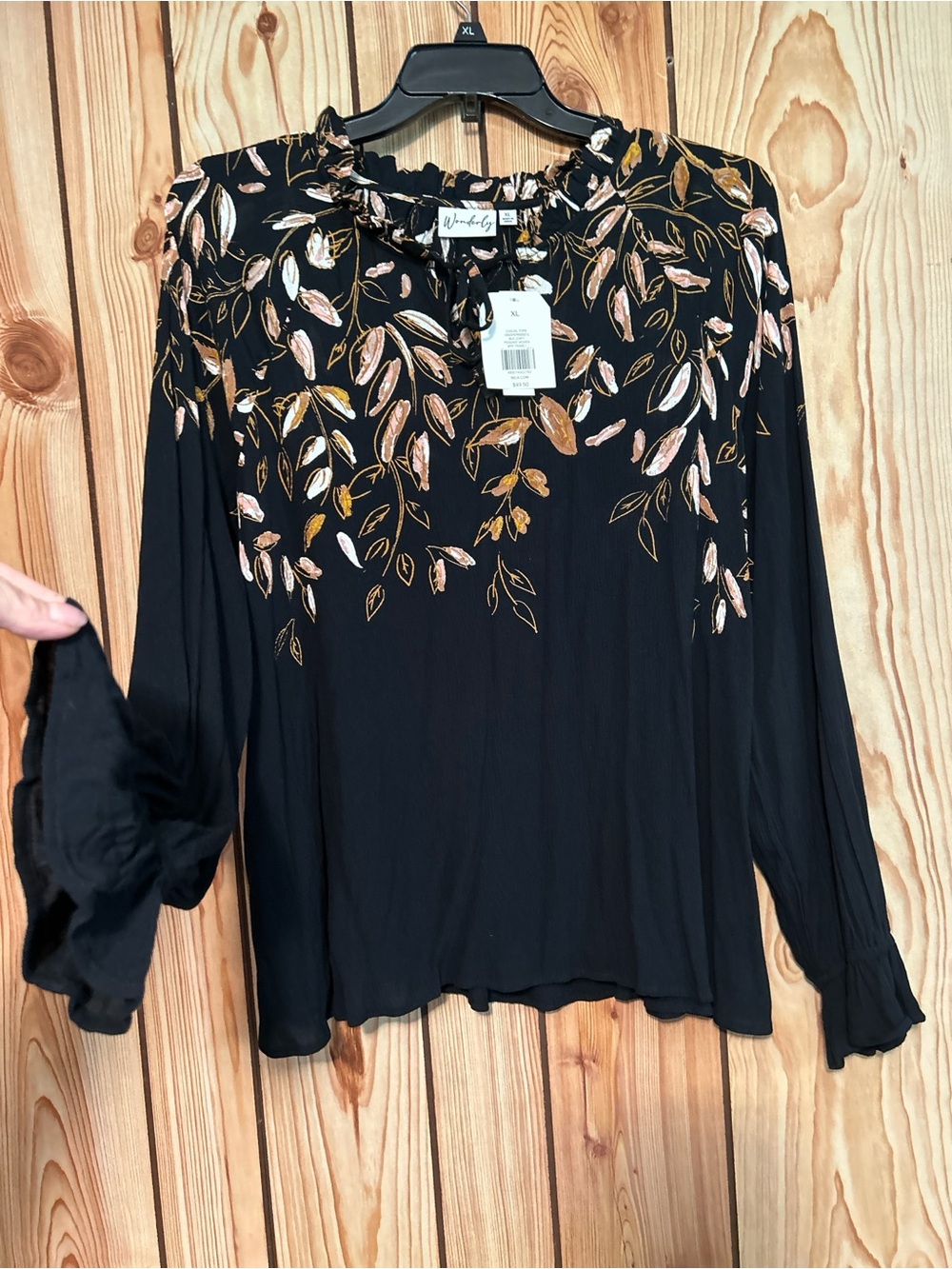 Wonderly New Women's Top Peasant Blouse Boho size XL BLACK long sleeves Rayon